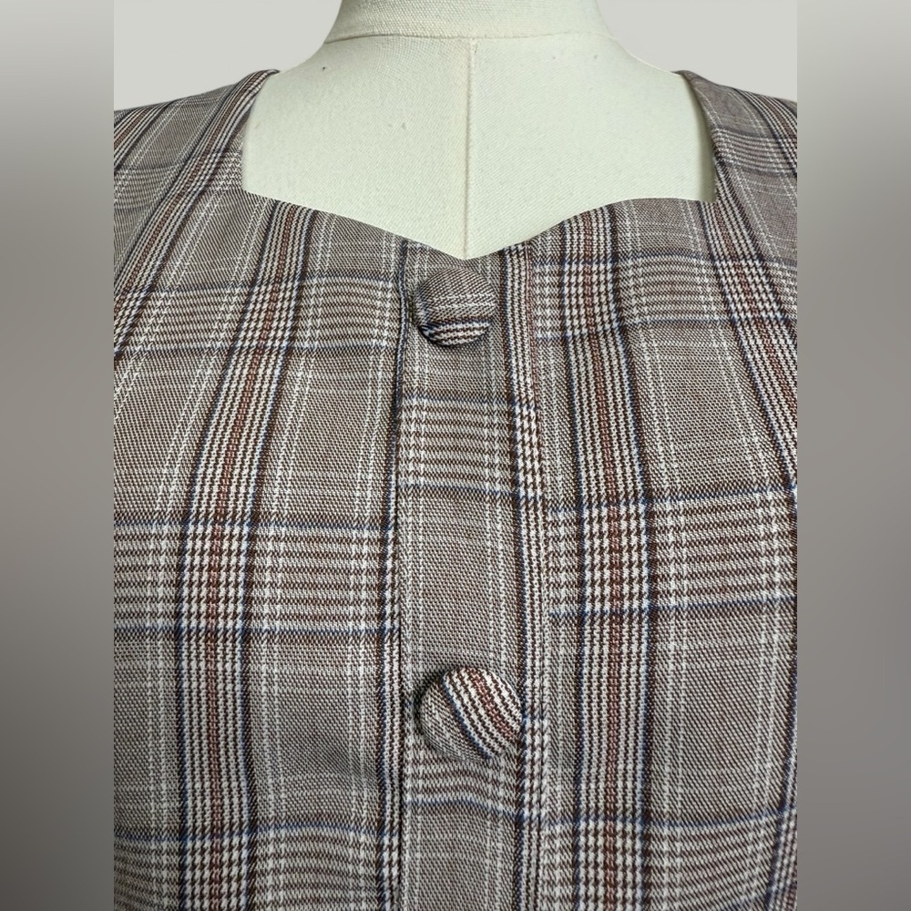 Plaid Dress Women Size Medium Brown Midi Sweetheart Neckline Puff Short Sleeves - Picture 10 of 11